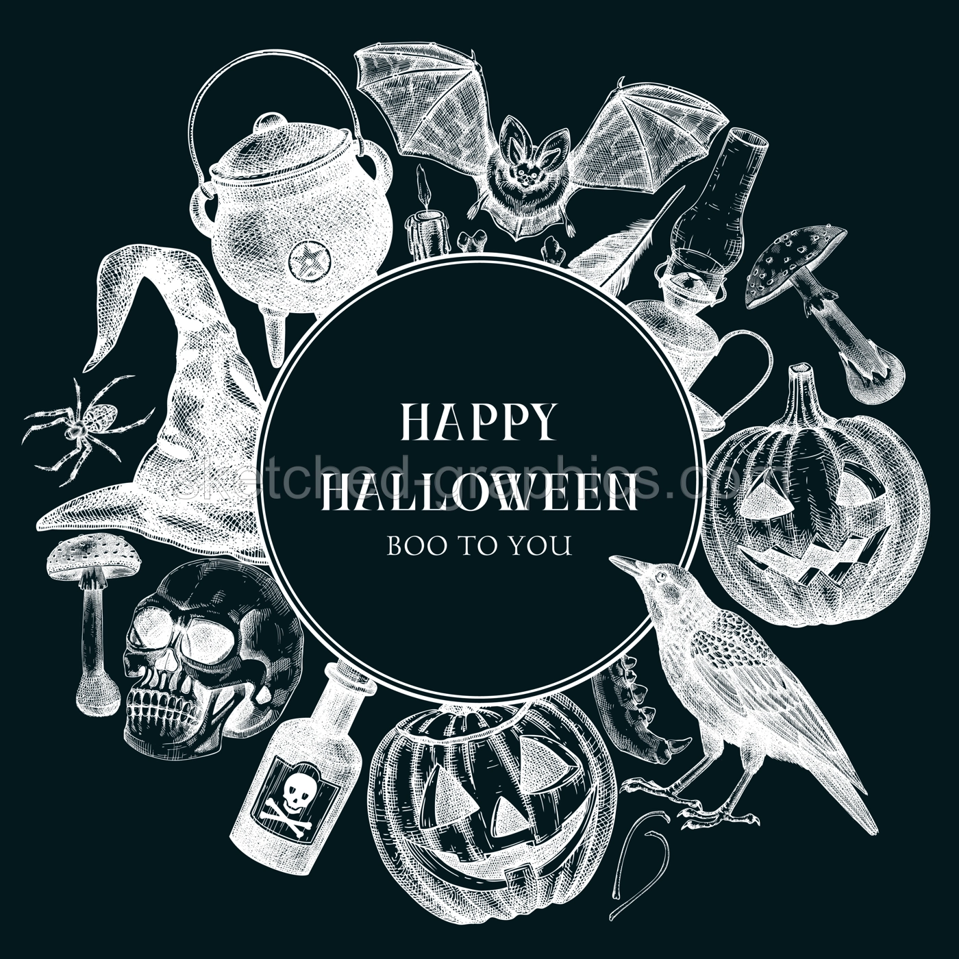 Halloween wreath design on chalkboard. Hand drawn vector illustrations. Skull, bones, Halloween pumpkin, poisonous mushrooms, snakes, raven sketches. Party invitation, flyer, card template Illustration